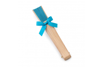 abanico de madera natural y tela azul turquesa