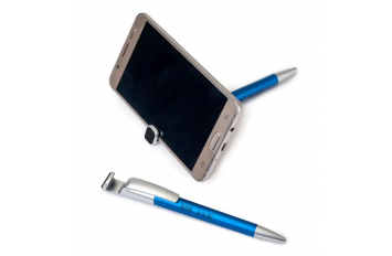 Bolígrafo-soporte móvil azul con borra-huellas pantalla