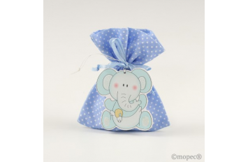 Colgante madera elefante azul en saco topos azul