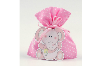 Colgante madera elefante rosa en saco topos rosa