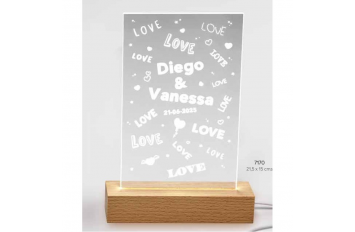 Lámpara "love" led metacrilato base madera usb