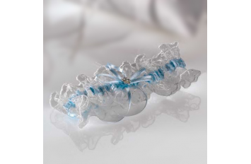Liga de raso marfil-azul en cajita transparente