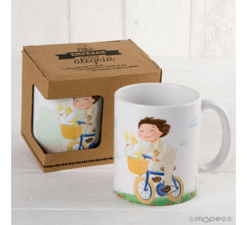 Taza cerámica niño Comunión en bici con caja regalo